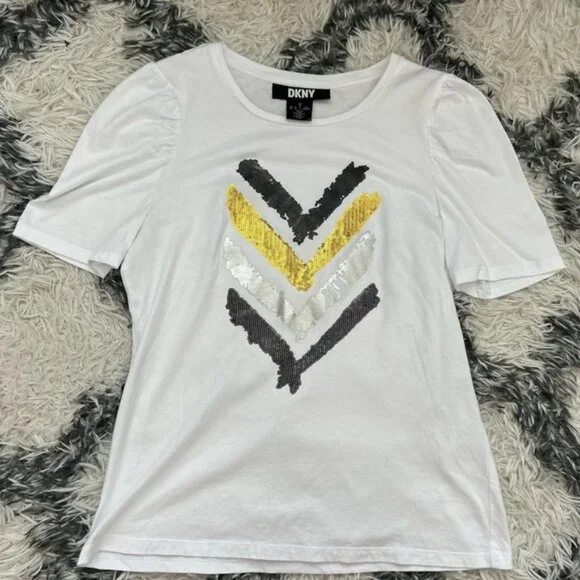 DKNY Ruched Puff Sleeve Mixed Media Logo Tshirt - Picture 2 of 6